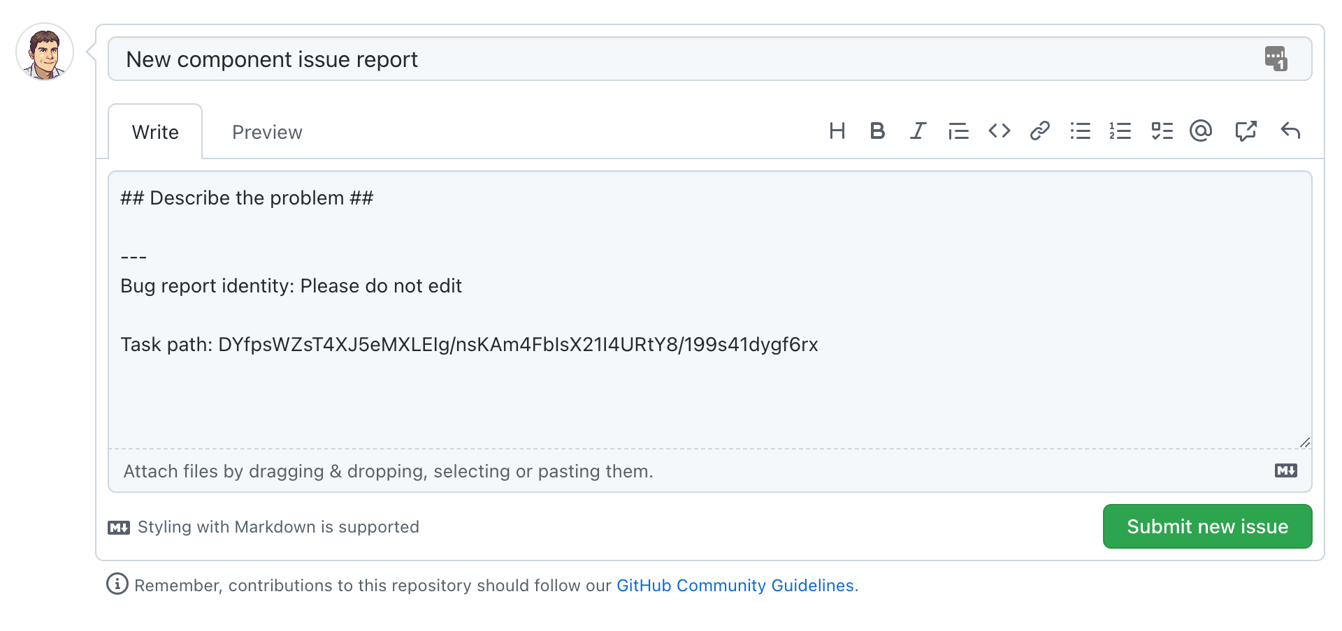 Screenshoot of Github reporting of an issue