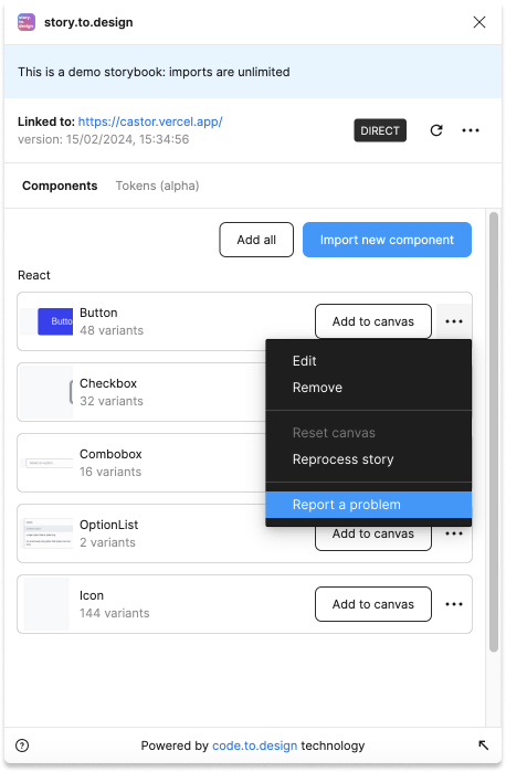 Screenshoot of story.to.design figma plugin with the context menu 'Report a problem' selected