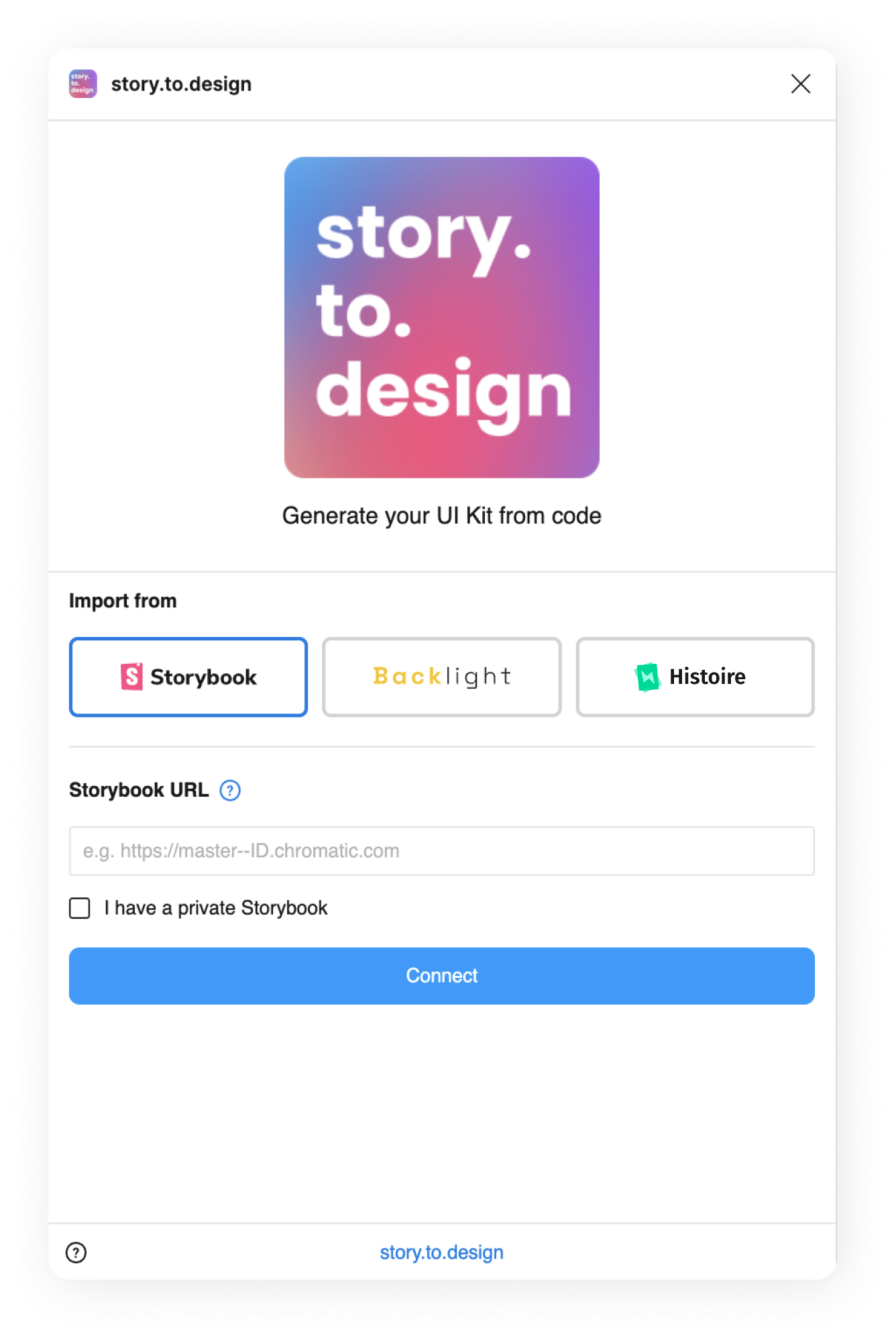 screenshot of the story.to.design plugin showing the field where to paste your Storybook link to connect to it