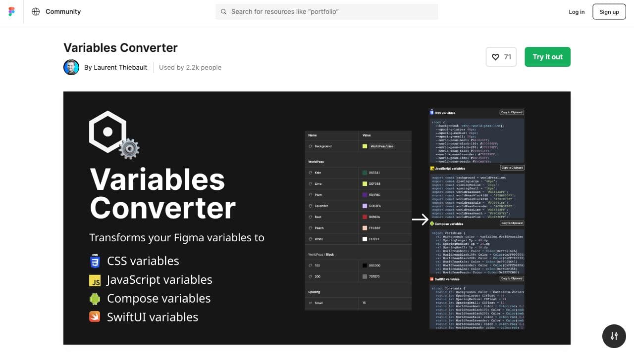 screenshot ofTransform Figma variables into CSS, Javascript and moreplugin page in Figma