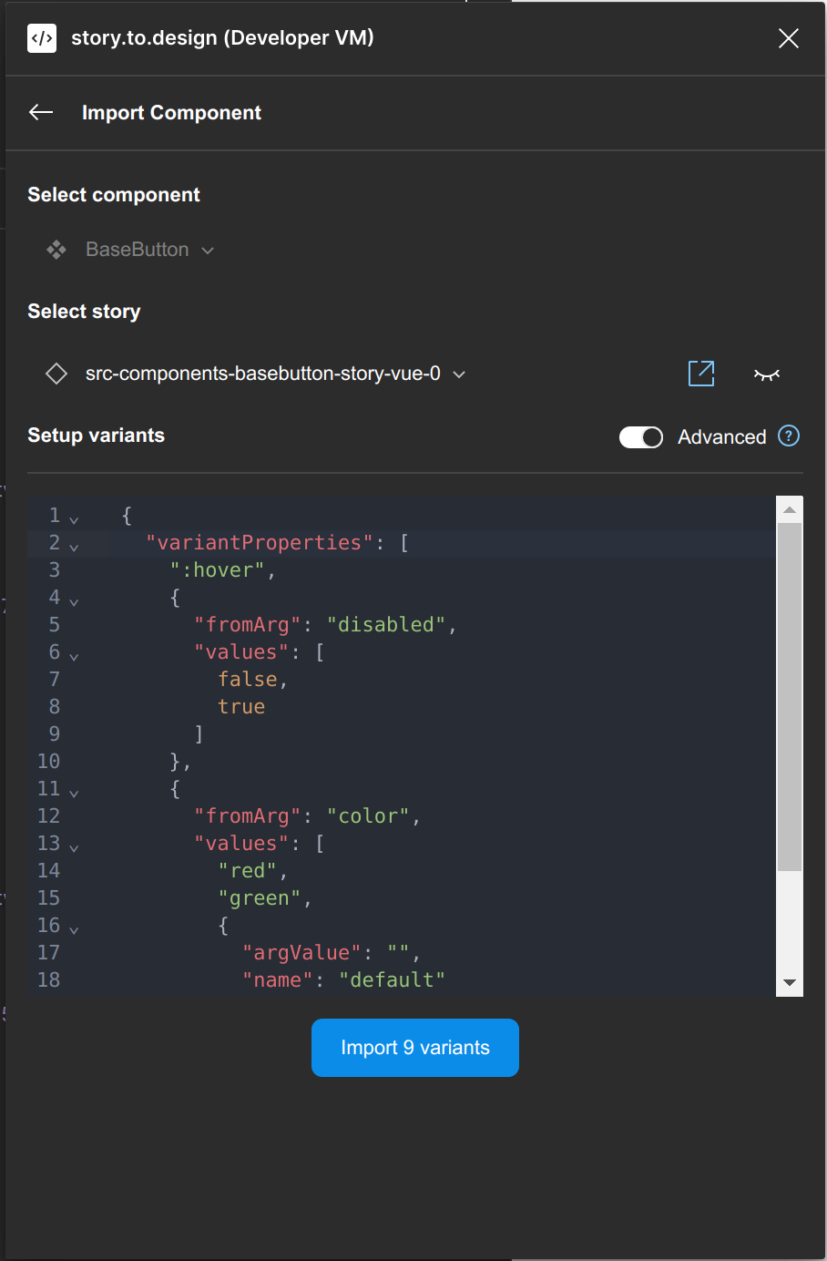 Screenshot of story.to.design plugin importing the BaseButton in Advanced mode