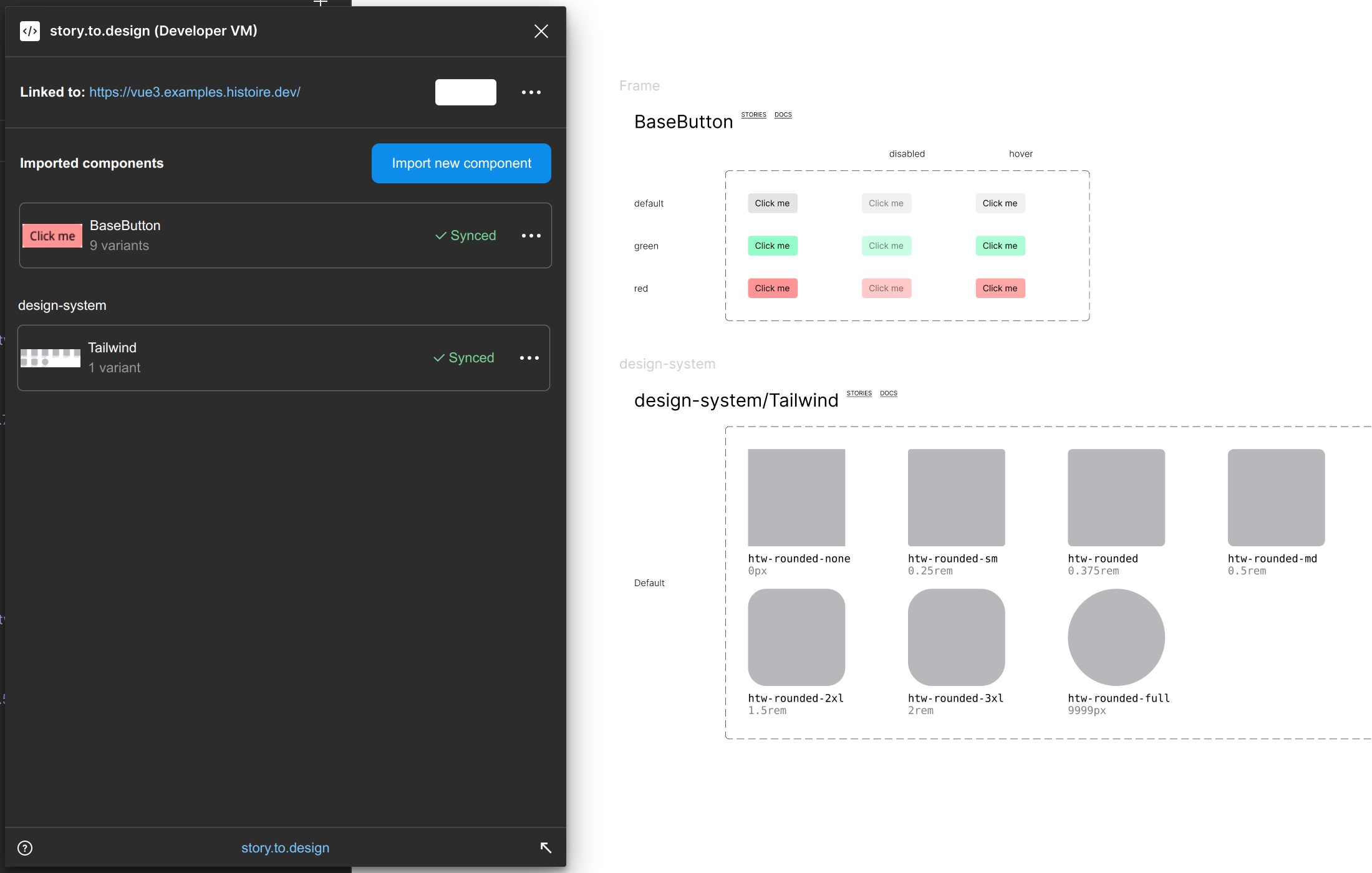 Screenshot of story.to.design in Figma with BaseButton component imported