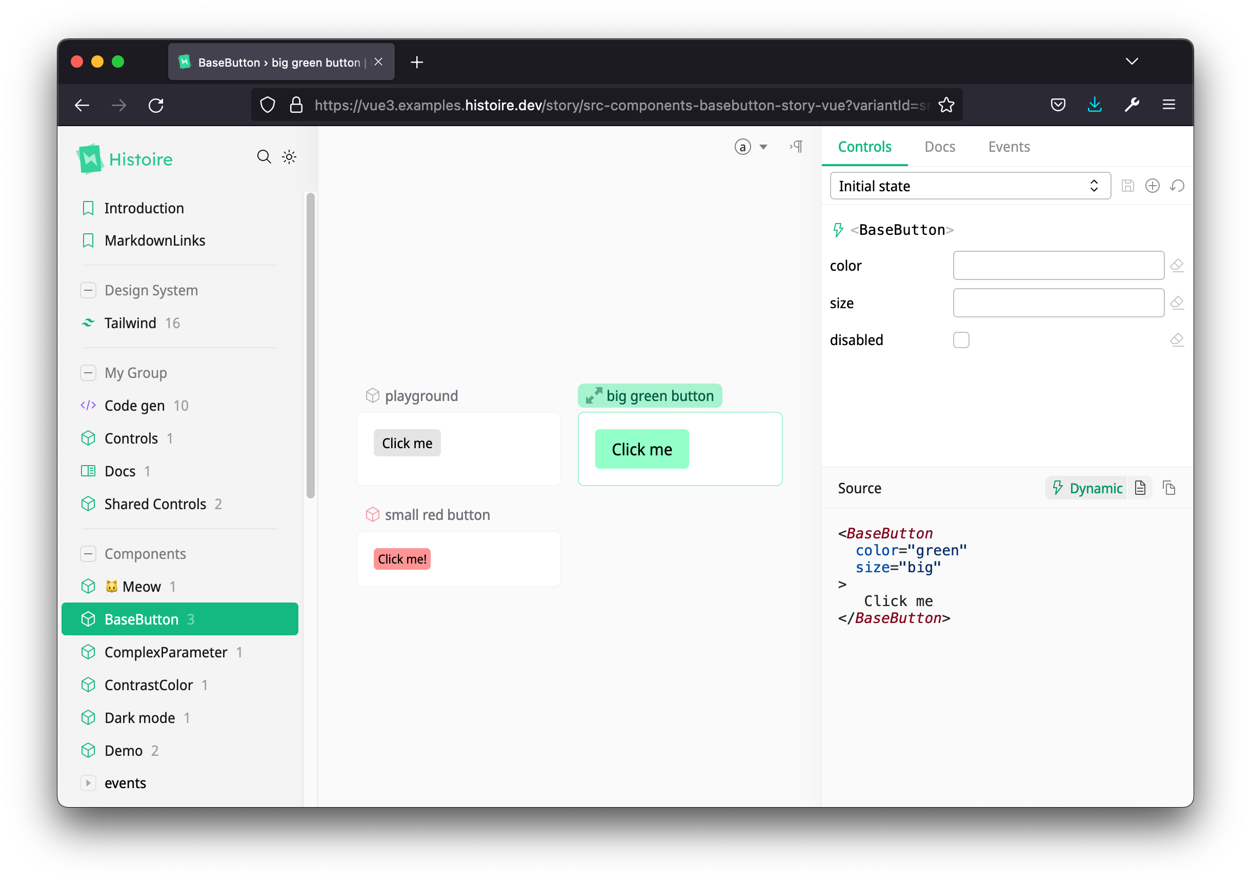 Screen of Histoire Vue 3 example at https://vue3.examples.histoire.dev