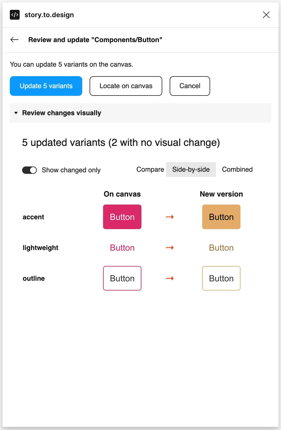 Screenshot of visual updates feature in the story.to.design plugin.