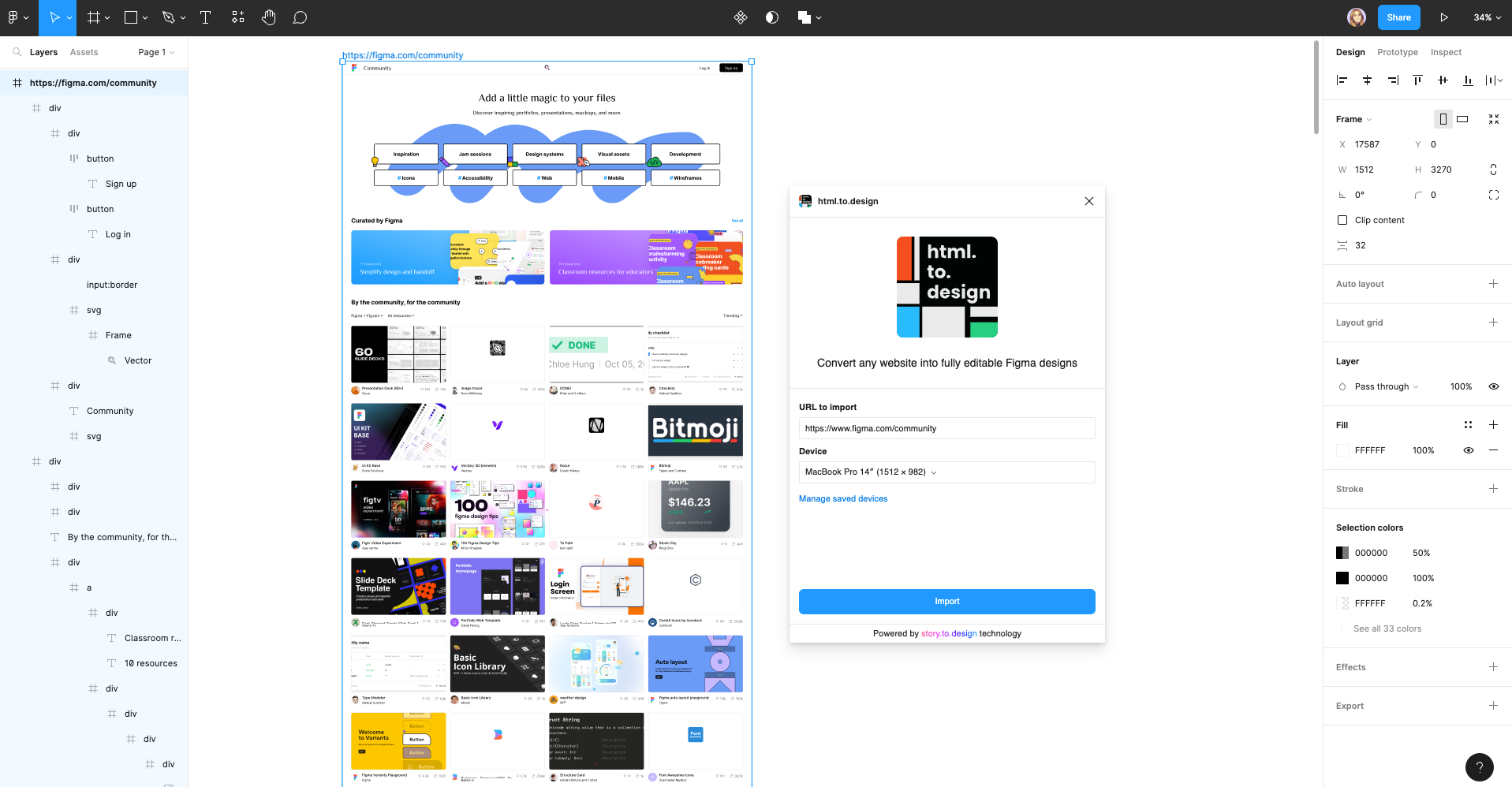 Screenshoot of html.to.design figma plugin with the Figma community page imported as example