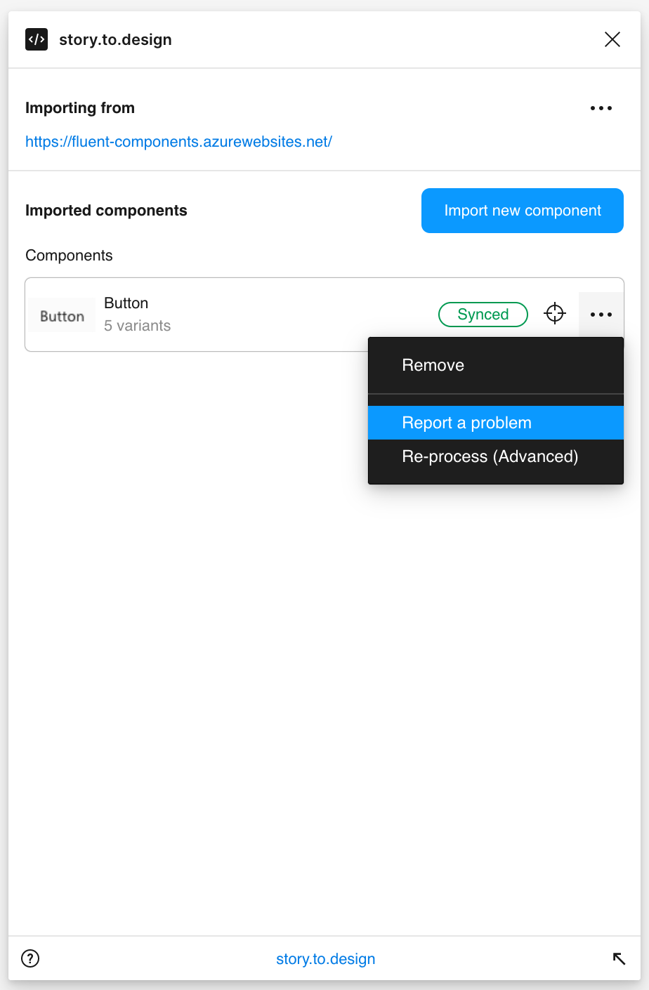 Screenshoot of story.to.design figma plugin with the context menu 'Report a problem' selected