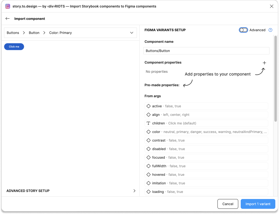 Import component dialog with the advanced switch highlighted