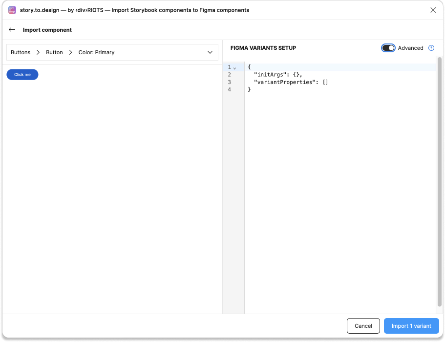 Import component dialog with the advanced switch highlighted