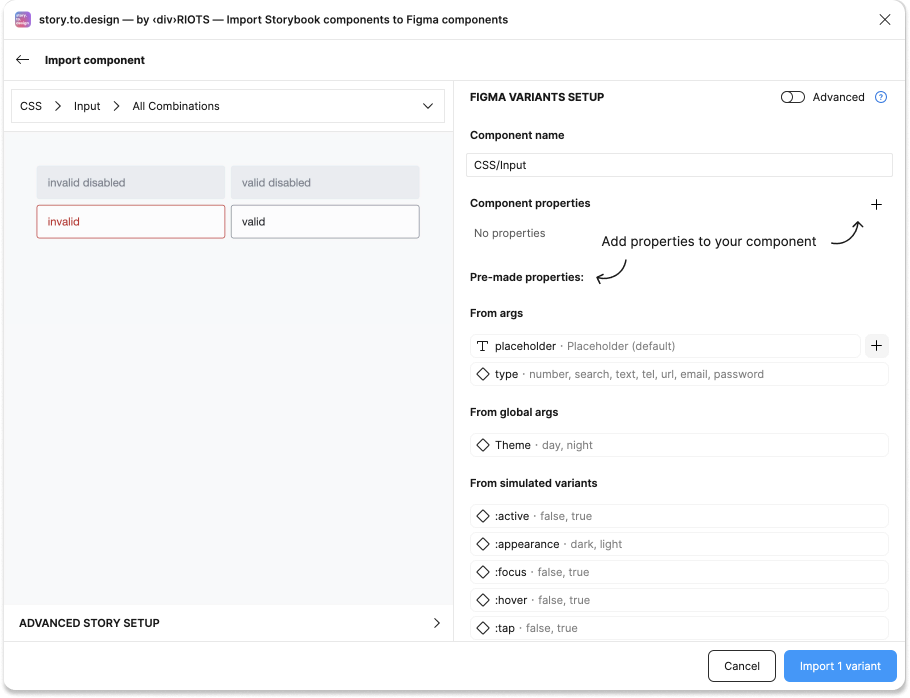 Choose properties for component