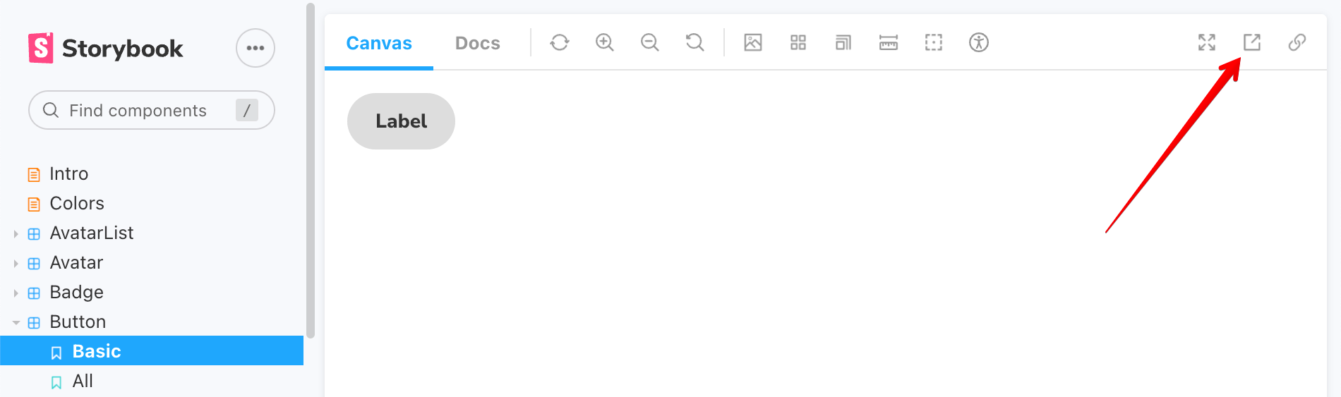 Storybook UI with a highlighted button to open canvas in new tab