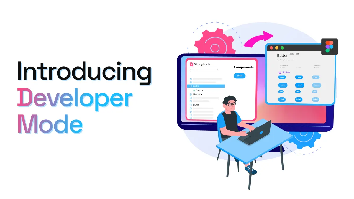 Image of developer working at laptop and components going from Storybook to Figma.