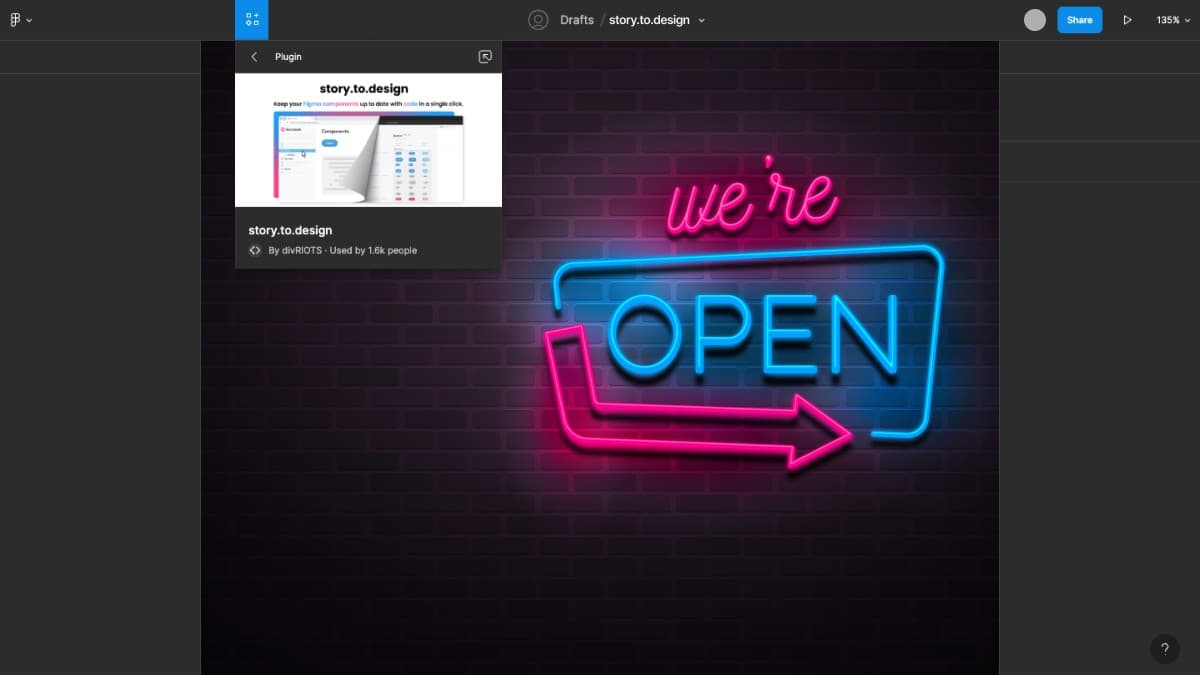 Screenshot of a Figma file named story.to.design containing a picture of a "We're open" neon light sign over a dark brick wall, with the story.to.design plugin shortcut displayed on the top left corner.