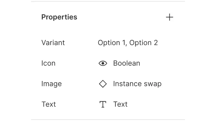 screenshot of the properties and variants of a component