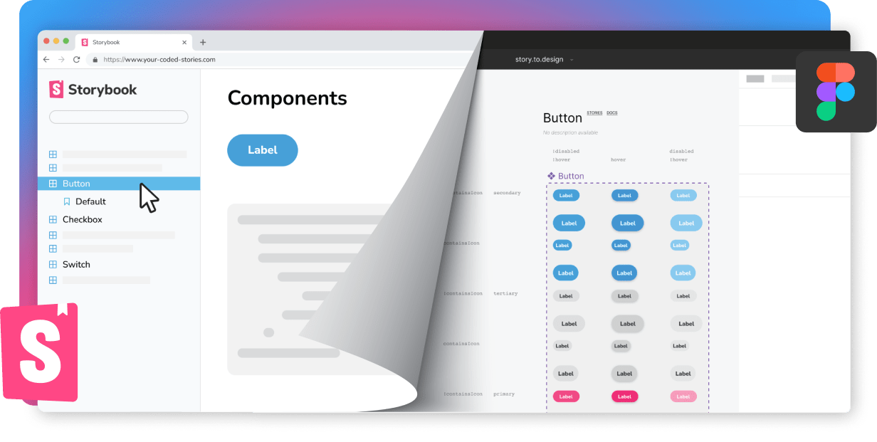 Screenshots of a component in Storybook and in Figma