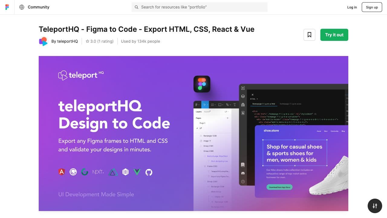 screenshot ofTeleport HQ - Figma to Codeplugin page in Figma
