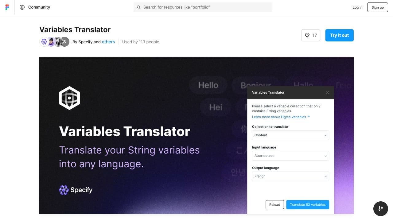 screenshot ofTranslate the content of your text string variablesplugin page in Figma