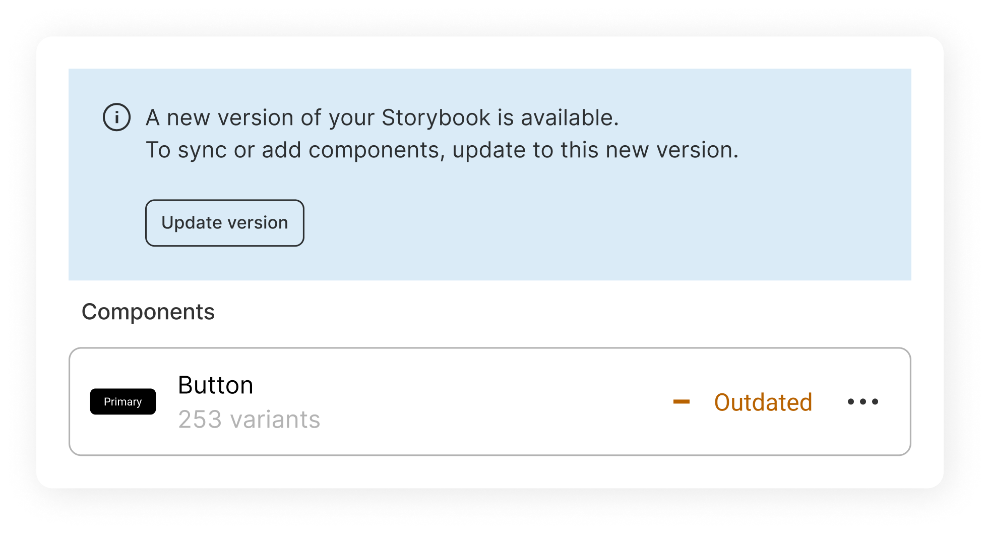 Screenshot of the story.to.design plugin showing an outdated checkbox component