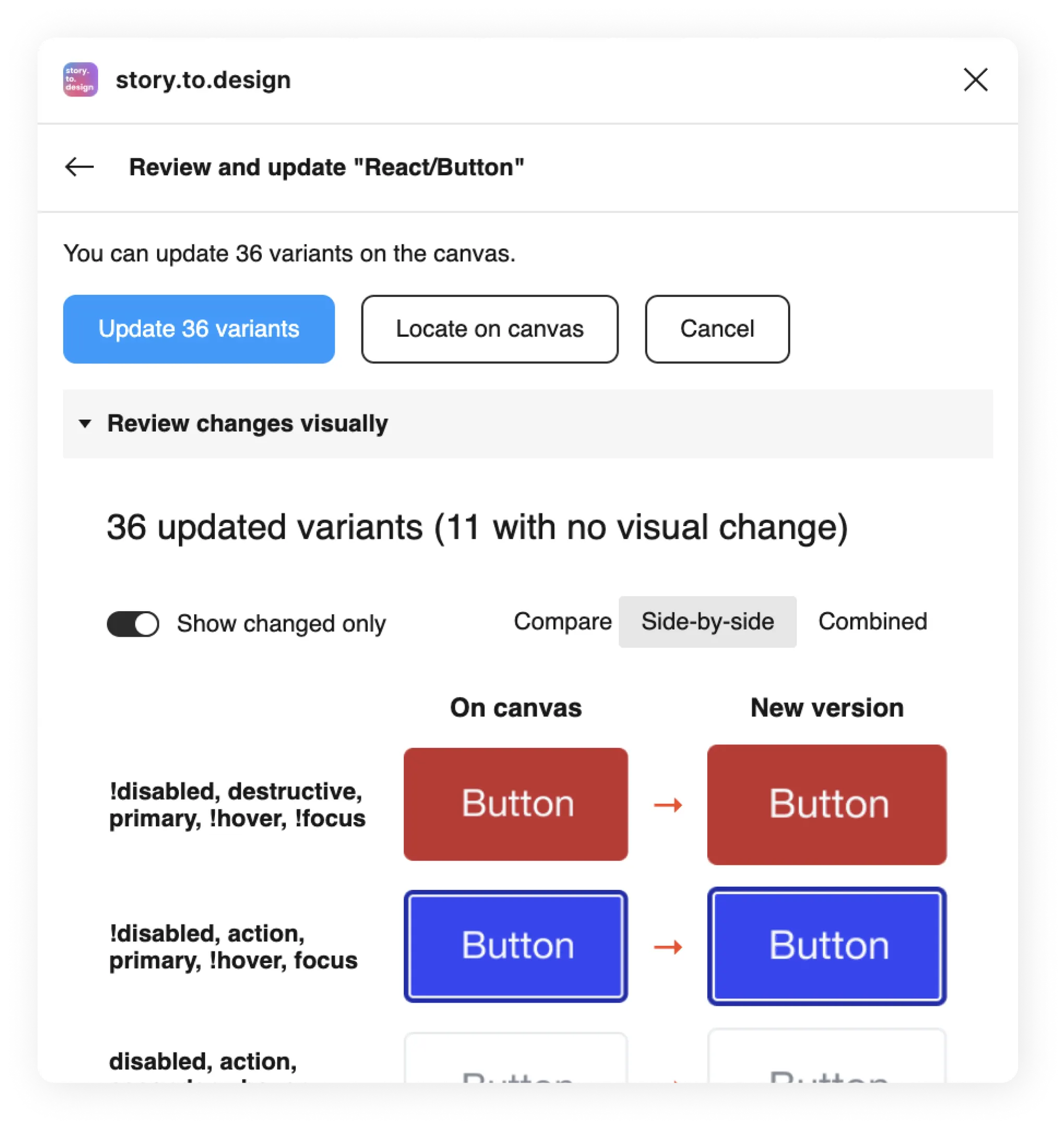 Screenshot of the story.to.design plugin showing synced checkbox component and its variants